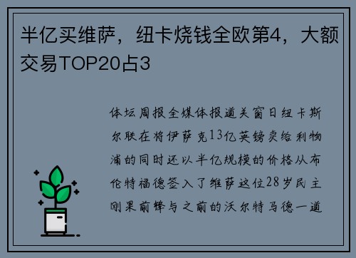 半亿买维萨，纽卡烧钱全欧第4，大额交易TOP20占3